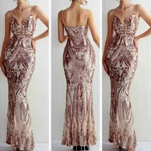 Gold, Graphic Print, Sleeveless,  Backless,  V Neck, Sequined Mermaid Gown